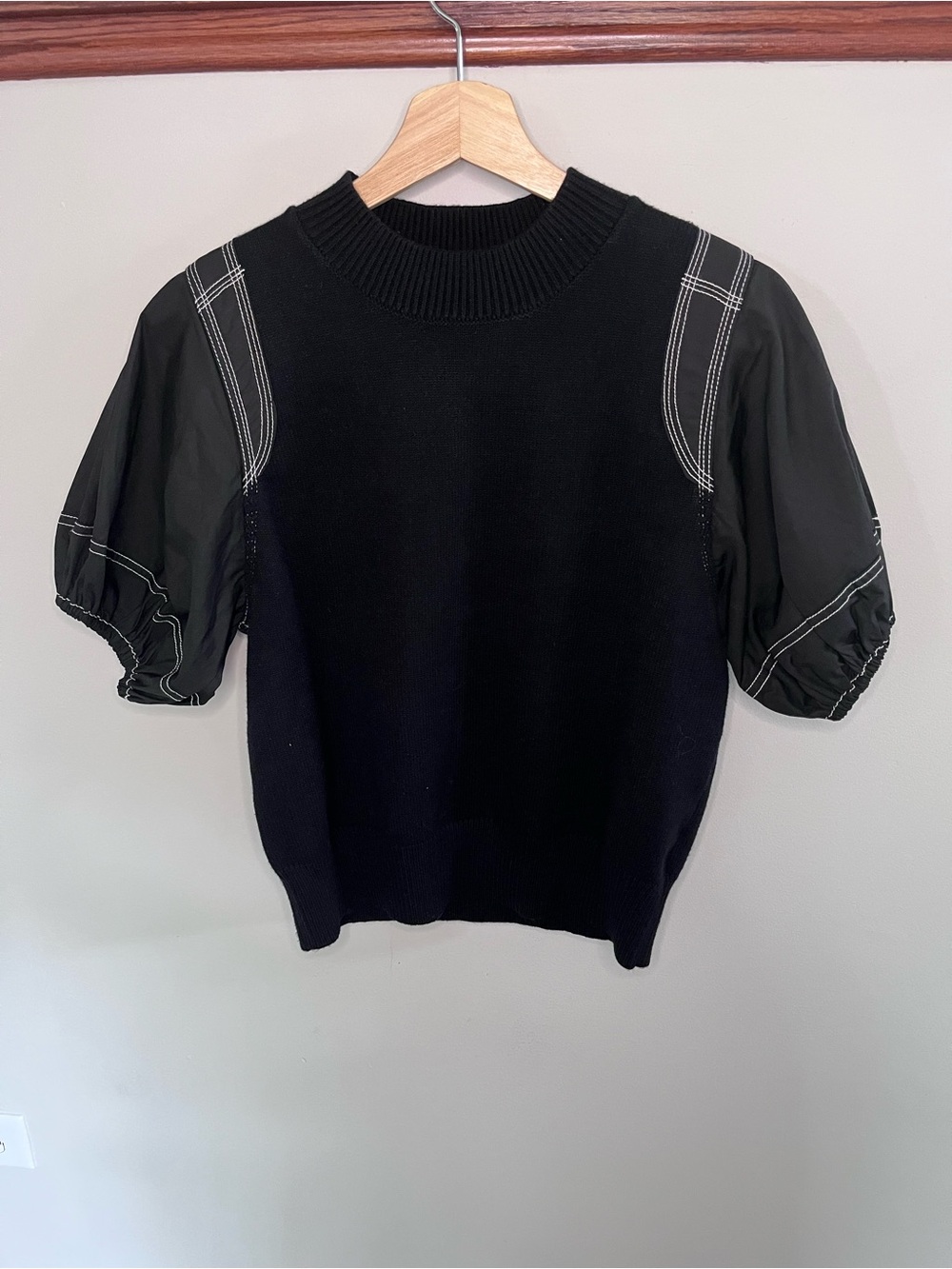 THML Black Mixed Media Puff Sleeve‎ Knit Sweater Top XS WK0512-BK